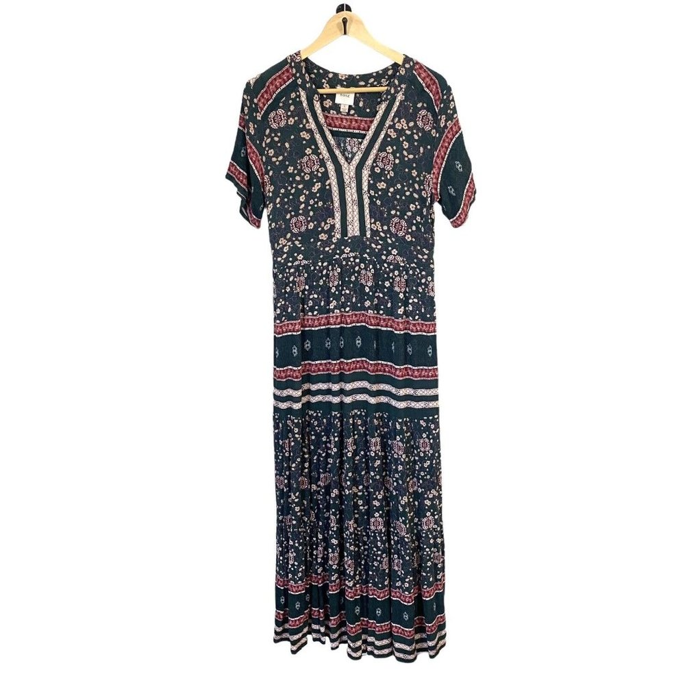 Knox Rose Boho Bohemian Long Maxi Dress Green Floral V-Neck Size Large L